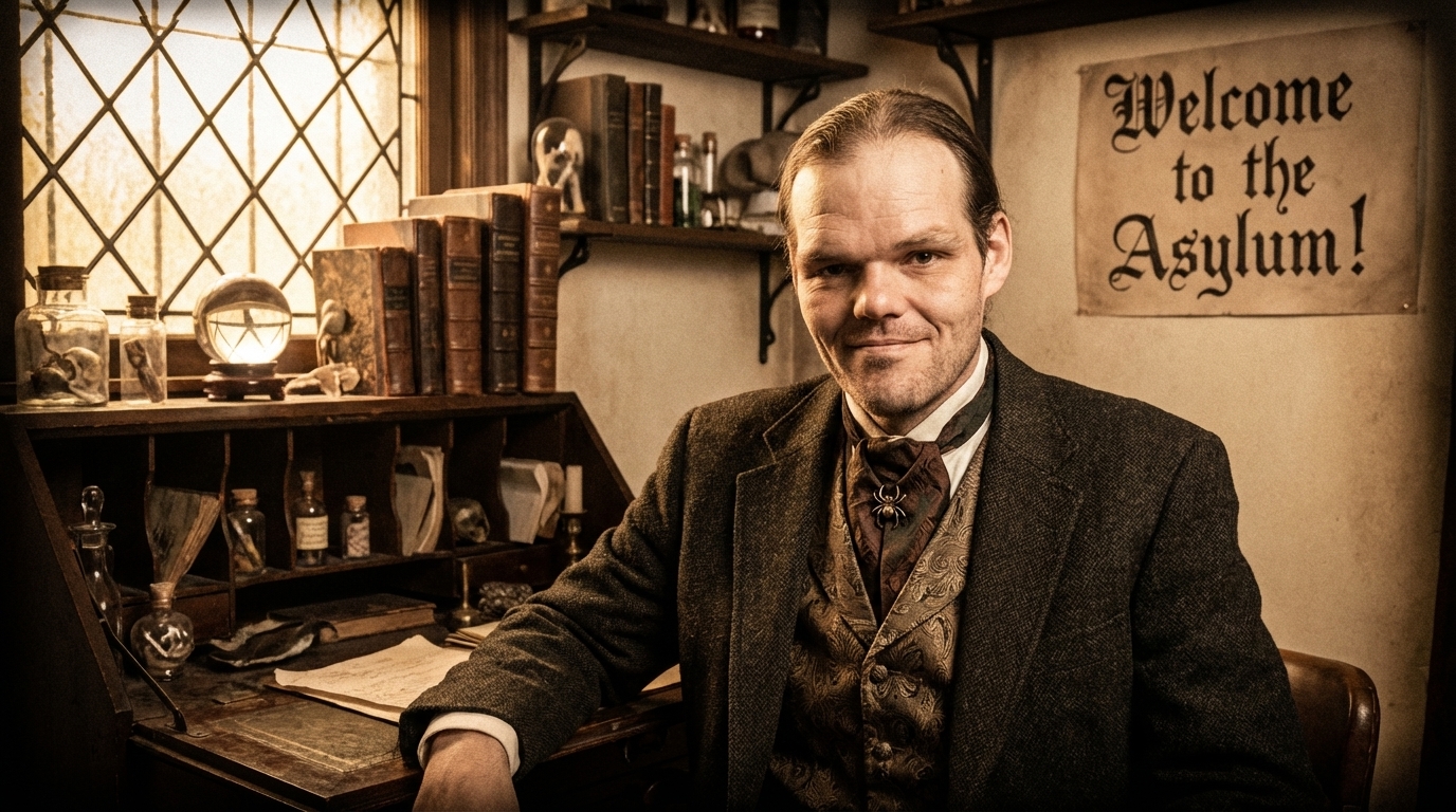 Jeff Kazzee in Victorian attire at a desk with antique books and a glowing orb, with a 'Welcome to the Asylum!' sign behind him